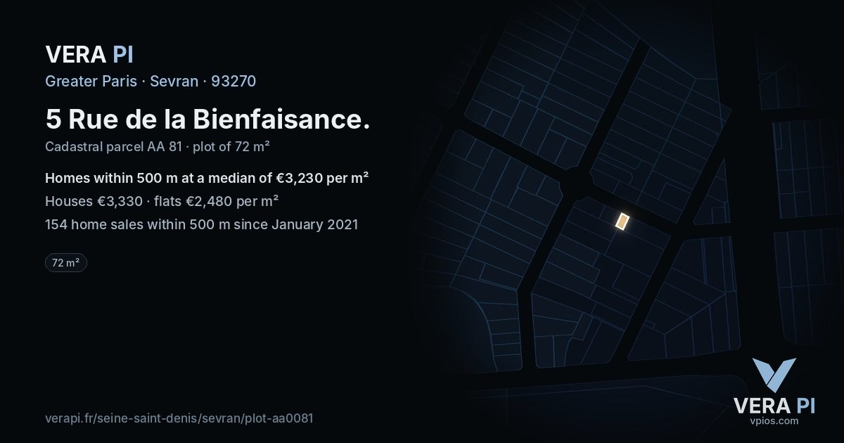5 Rue de la Bienfaisance, Sevran at night – the plot lit, the parcels around coloured by the prices near them
