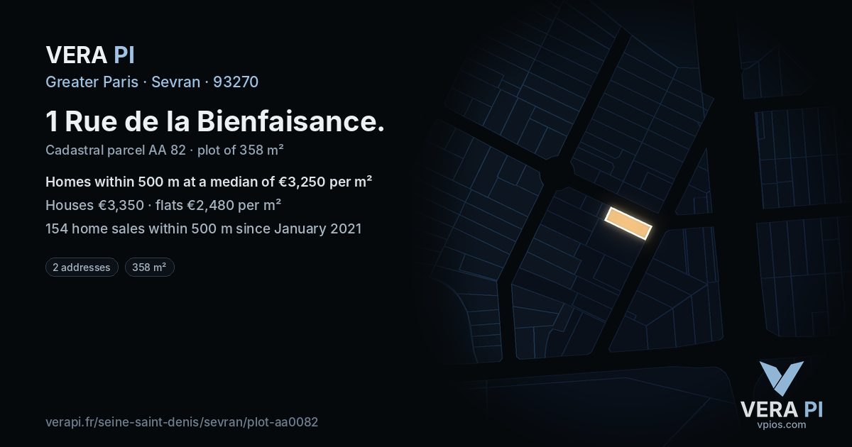 1 Rue de la Bienfaisance, Sevran at night – the plot lit, the parcels around coloured by the prices near them