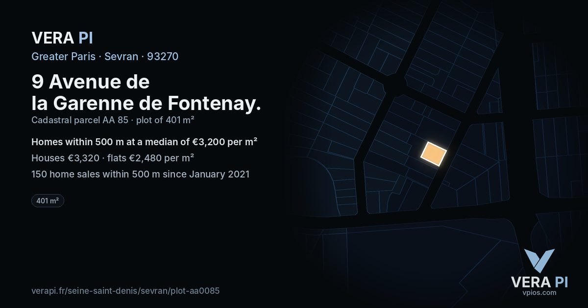 9 Avenue de la Garenne de Fontenay, Sevran at night – the plot lit, the parcels around coloured by the prices near them