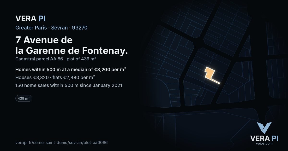 7 Avenue de la Garenne de Fontenay, Sevran at night – the plot lit, the parcels around coloured by the prices near them