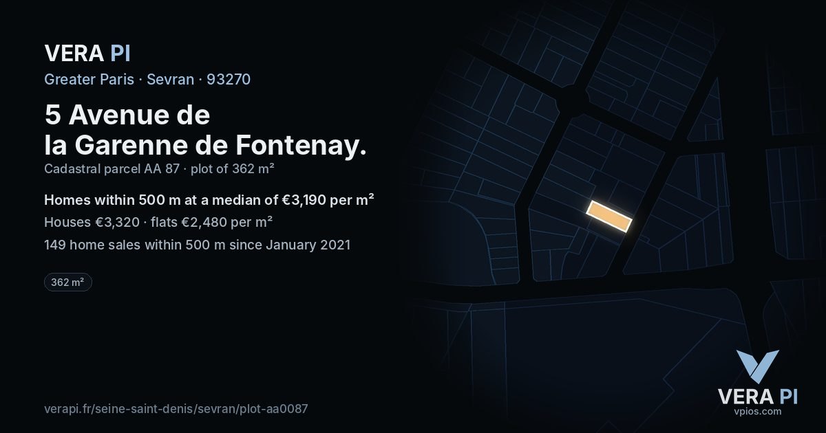 5 Avenue de la Garenne de Fontenay, Sevran at night – the plot lit, the parcels around coloured by the prices near them