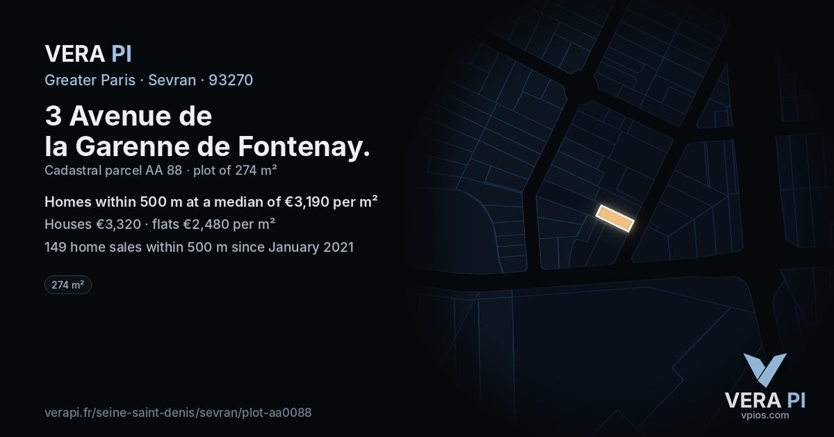 3 Avenue de la Garenne de Fontenay, Sevran at night – the plot lit, the parcels around coloured by the prices near them