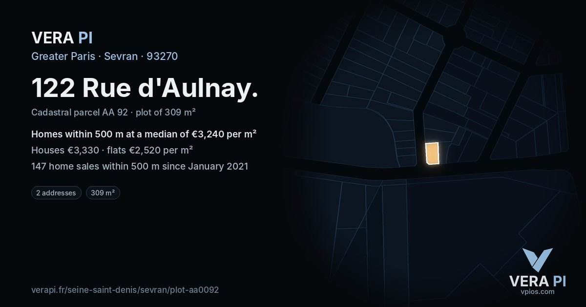 122 Rue d'Aulnay, Sevran at night – the plot lit, the parcels around coloured by the prices near them