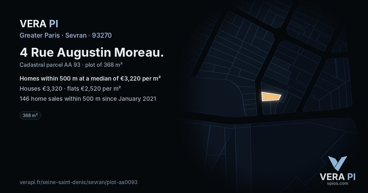4 Rue Augustin Moreau, Sevran at night – the plot lit, the parcels around coloured by the prices near them