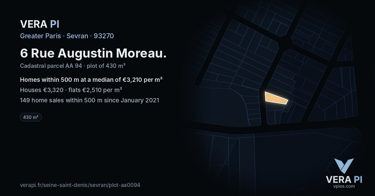 6 Rue Augustin Moreau, Sevran at night – the plot lit, the parcels around coloured by the prices near them