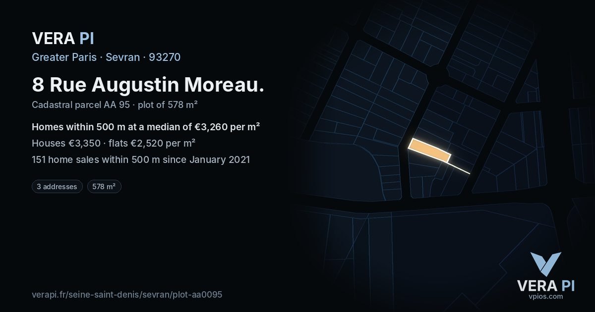8 Rue Augustin Moreau, Sevran at night – the plot lit, the parcels around coloured by the prices near them