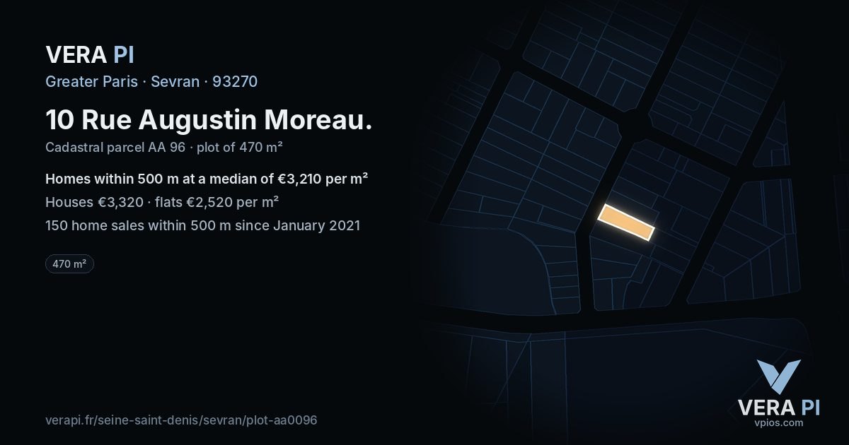 10 Rue Augustin Moreau, Sevran at night – the plot lit, the parcels around coloured by the prices near them