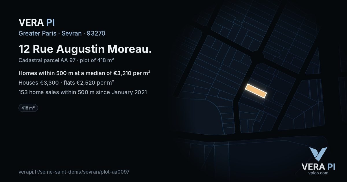 12 Rue Augustin Moreau, Sevran at night – the plot lit, the parcels around coloured by the prices near them