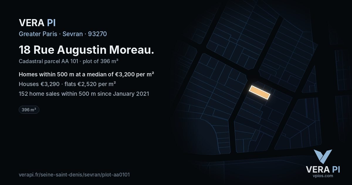 18 Rue Augustin Moreau, Sevran at night – the plot lit, the parcels around coloured by the prices near them