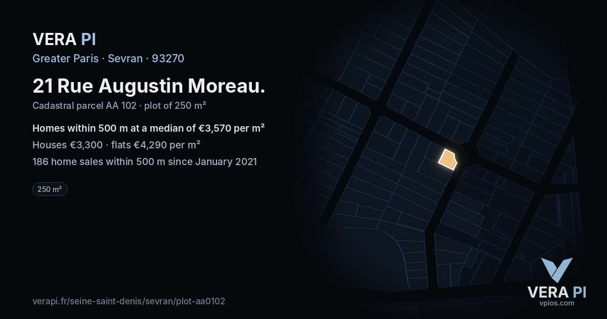 21 Rue Augustin Moreau, Sevran at night – the plot lit, the parcels around coloured by the prices near them