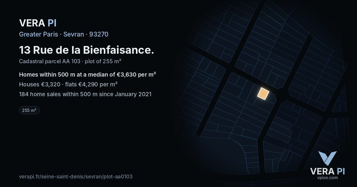 13 Rue de la Bienfaisance, Sevran at night – the plot lit, the parcels around coloured by the prices near them