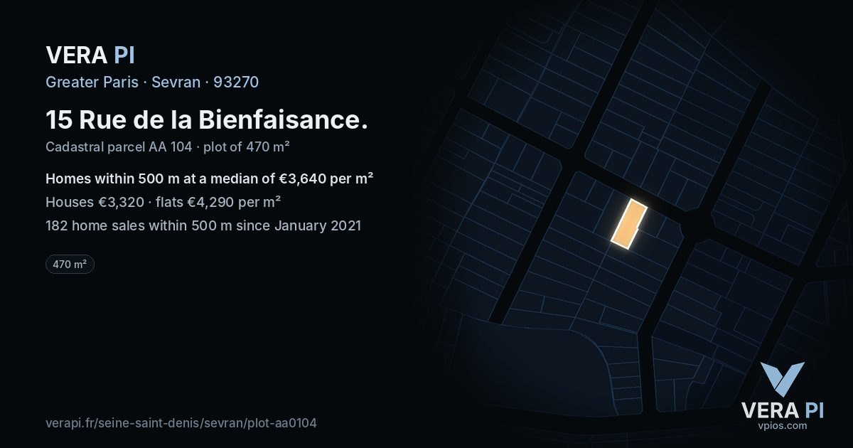 15 Rue de la Bienfaisance, Sevran at night – the plot lit, the parcels around coloured by the prices near them