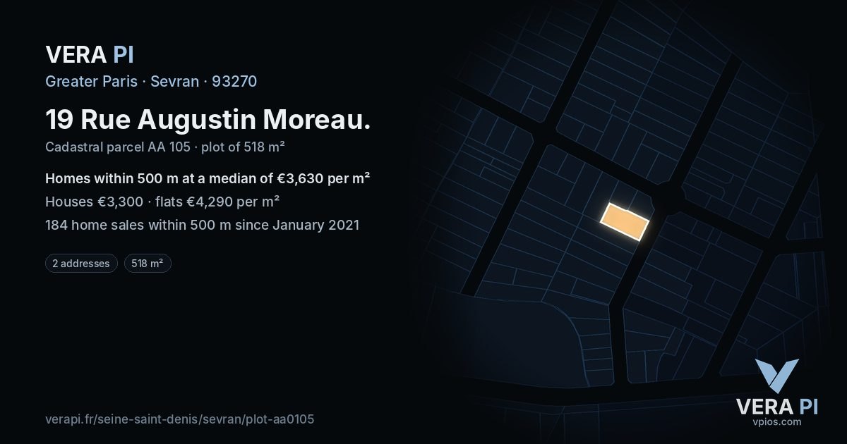 19 Rue Augustin Moreau, Sevran at night – the plot lit, the parcels around coloured by the prices near them