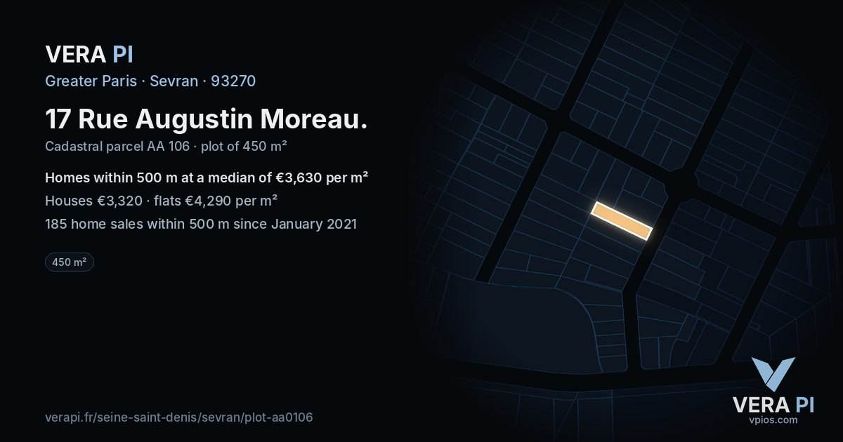 17 Rue Augustin Moreau, Sevran at night – the plot lit, the parcels around coloured by the prices near them