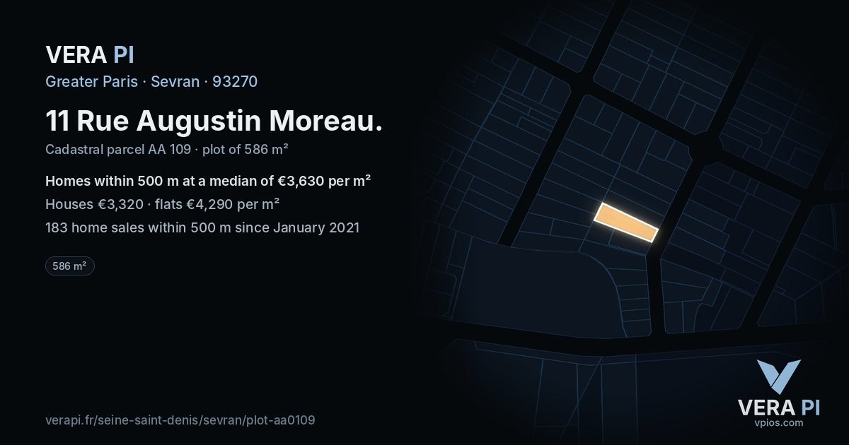 11 Rue Augustin Moreau, Sevran at night – the plot lit, the parcels around coloured by the prices near them