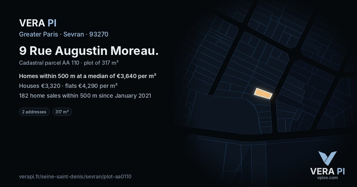 9 Rue Augustin Moreau, Sevran at night – the plot lit, the parcels around coloured by the prices near them