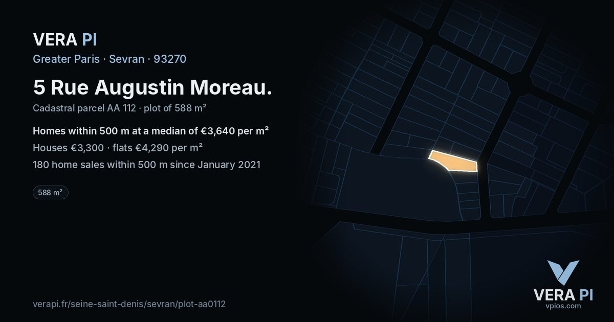 5 Rue Augustin Moreau, Sevran at night – the plot lit, the parcels around coloured by the prices near them