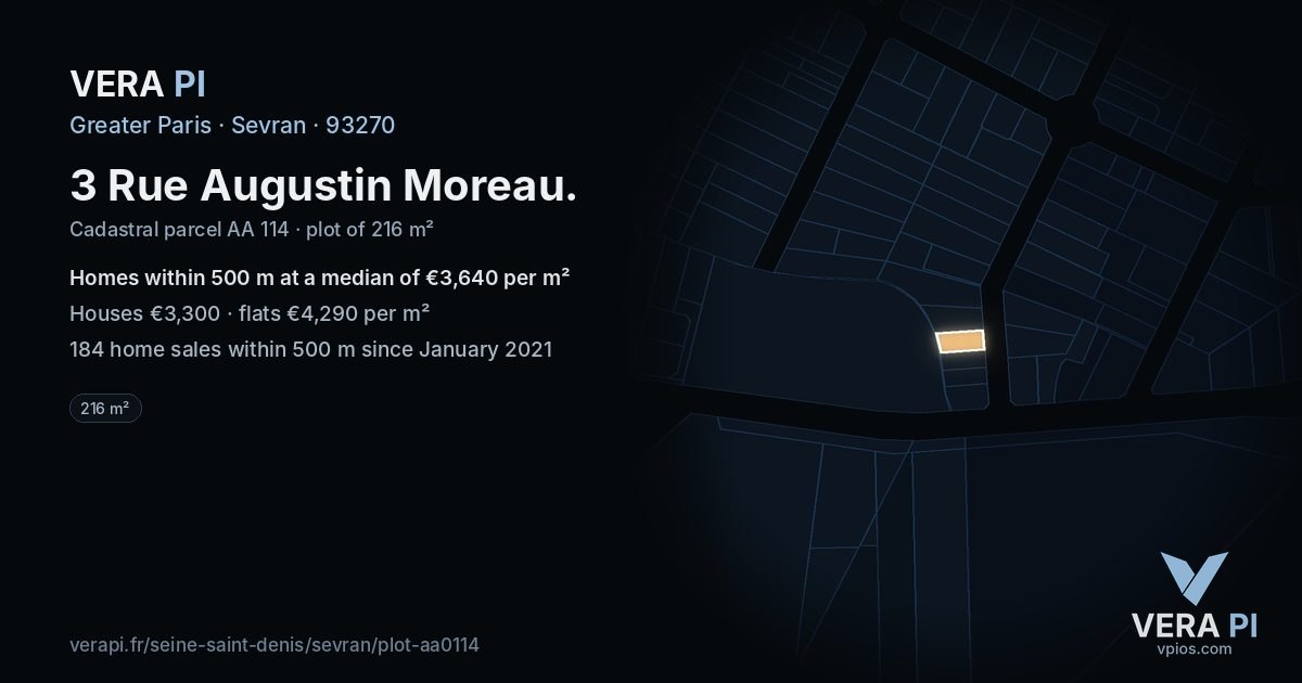 3 Rue Augustin Moreau, Sevran at night – the plot lit, the parcels around coloured by the prices near them