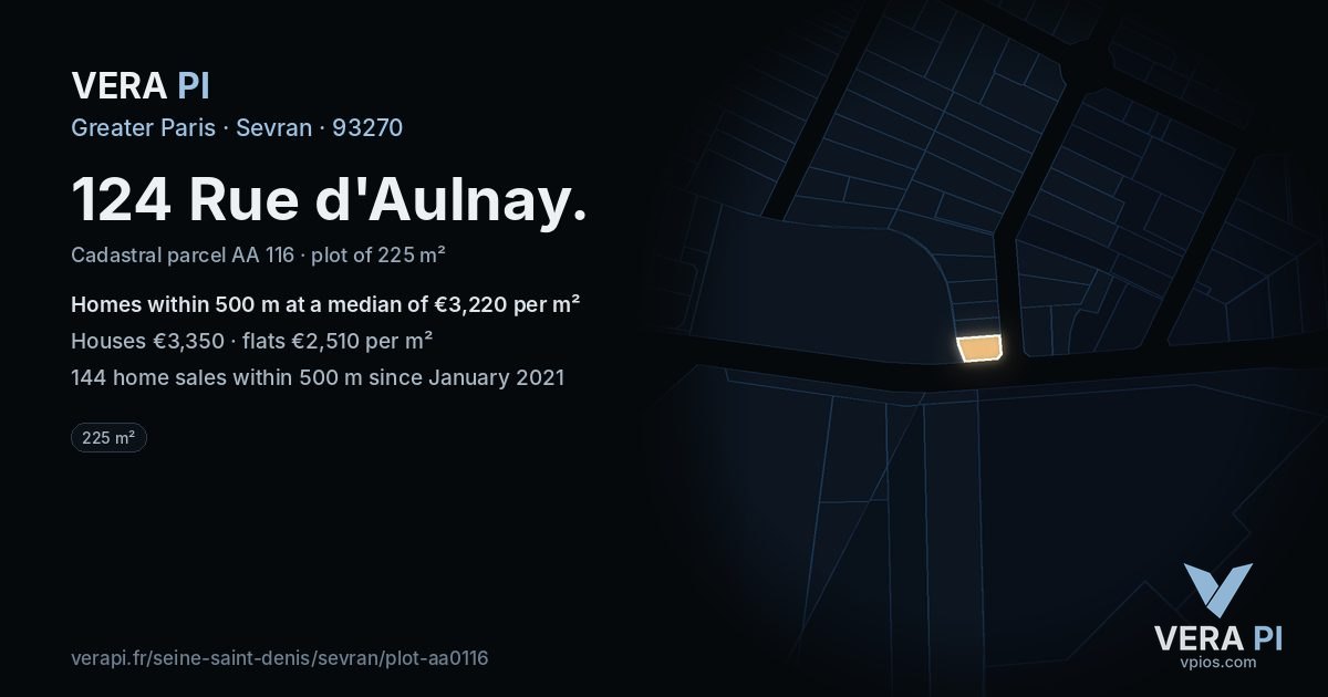124 Rue d'Aulnay, Sevran at night – the plot lit, the parcels around coloured by the prices near them