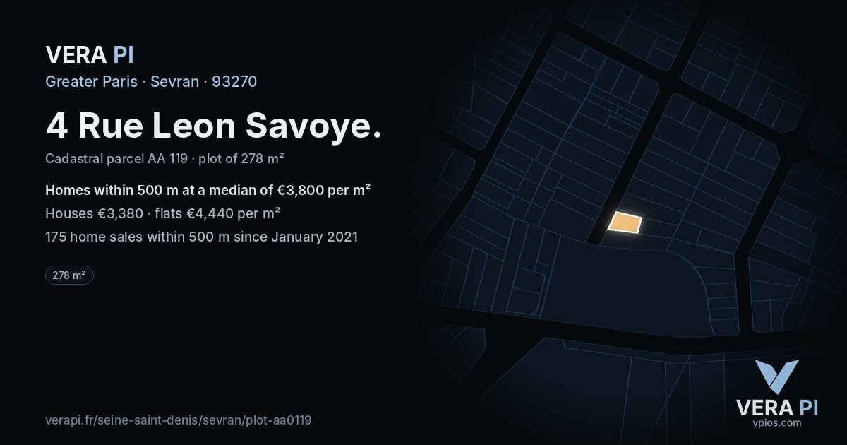 4 Rue Leon Savoye, Sevran at night – the plot lit, the parcels around coloured by the prices near them