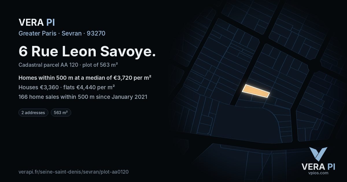 6 Rue Leon Savoye, Sevran at night – the plot lit, the parcels around coloured by the prices near them