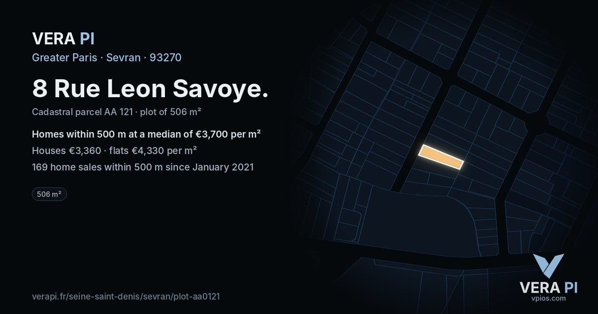 8 Rue Leon Savoye, Sevran at night – the plot lit, the parcels around coloured by the prices near them