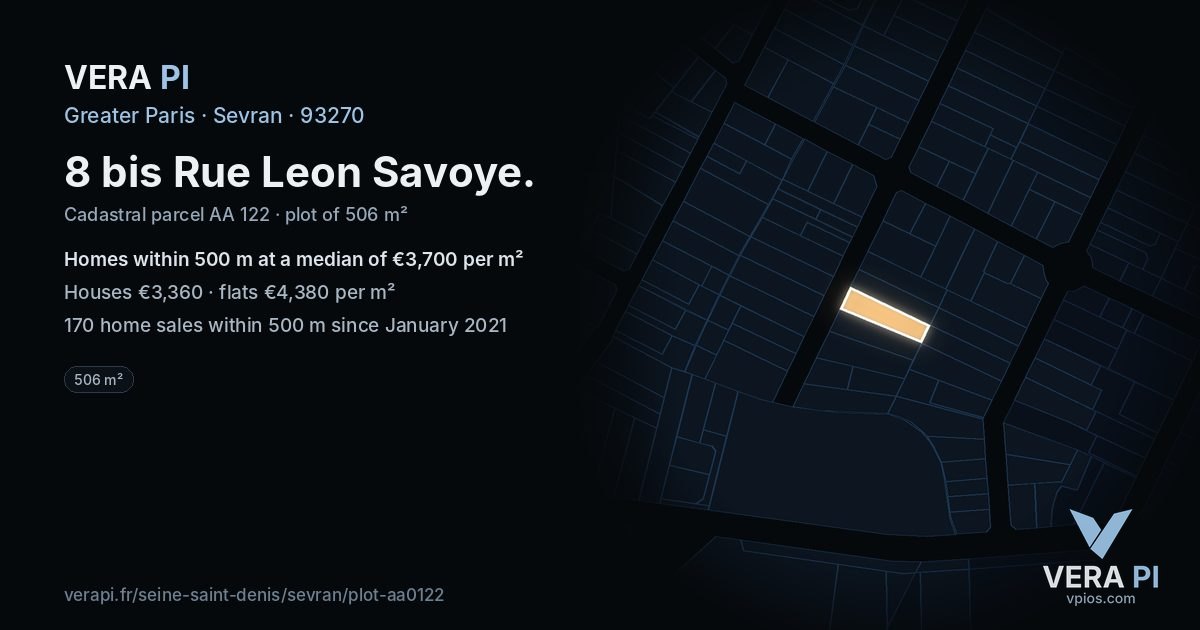 8 bis Rue Leon Savoye, Sevran at night – the plot lit, the parcels around coloured by the prices near them