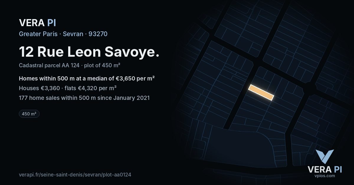 12 Rue Leon Savoye, Sevran at night – the plot lit, the parcels around coloured by the prices near them