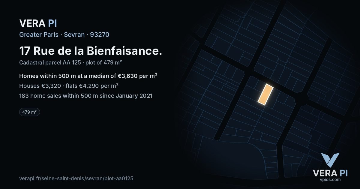 17 Rue de la Bienfaisance, Sevran at night – the plot lit, the parcels around coloured by the prices near them