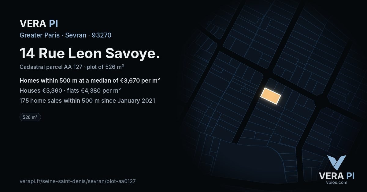 14 Rue Leon Savoye, Sevran at night – the plot lit, the parcels around coloured by the prices near them