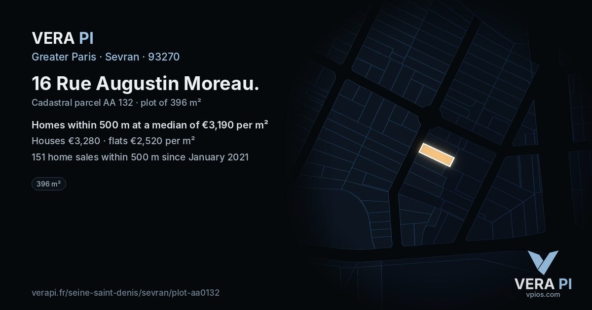 16 Rue Augustin Moreau, Sevran at night – the plot lit, the parcels around coloured by the prices near them