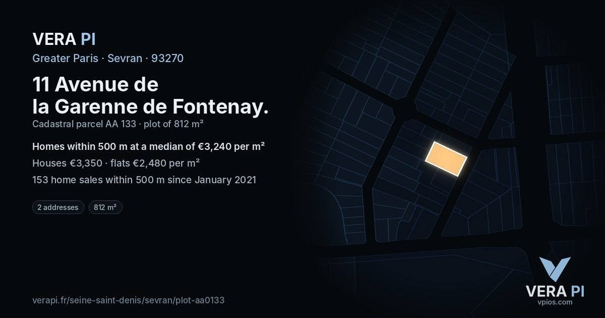 11 Avenue de la Garenne de Fontenay, Sevran at night – the plot lit, the parcels around coloured by the prices near them