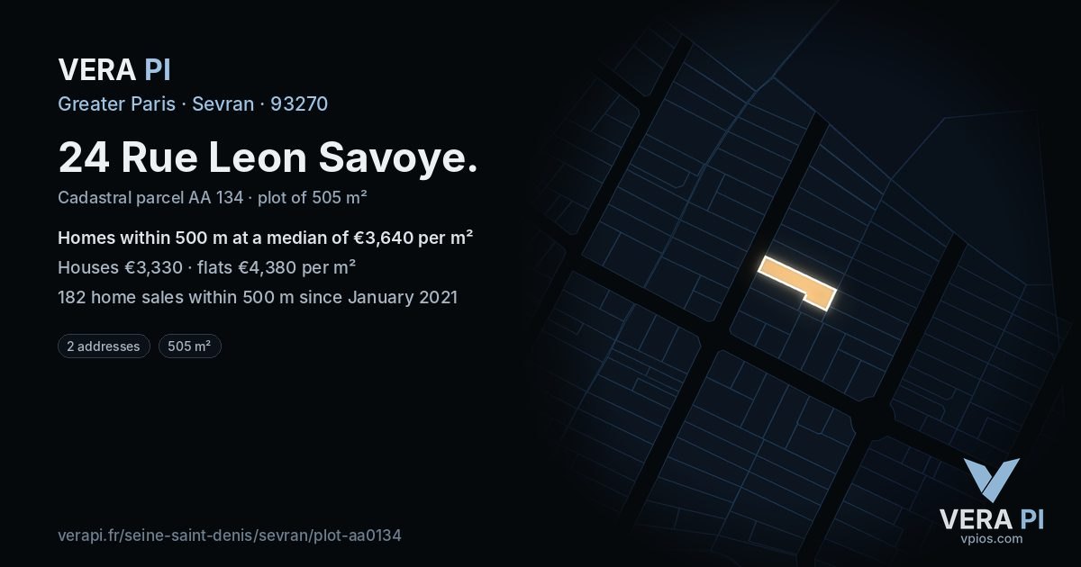 24 Rue Leon Savoye, Sevran at night – the plot lit, the parcels around coloured by the prices near them