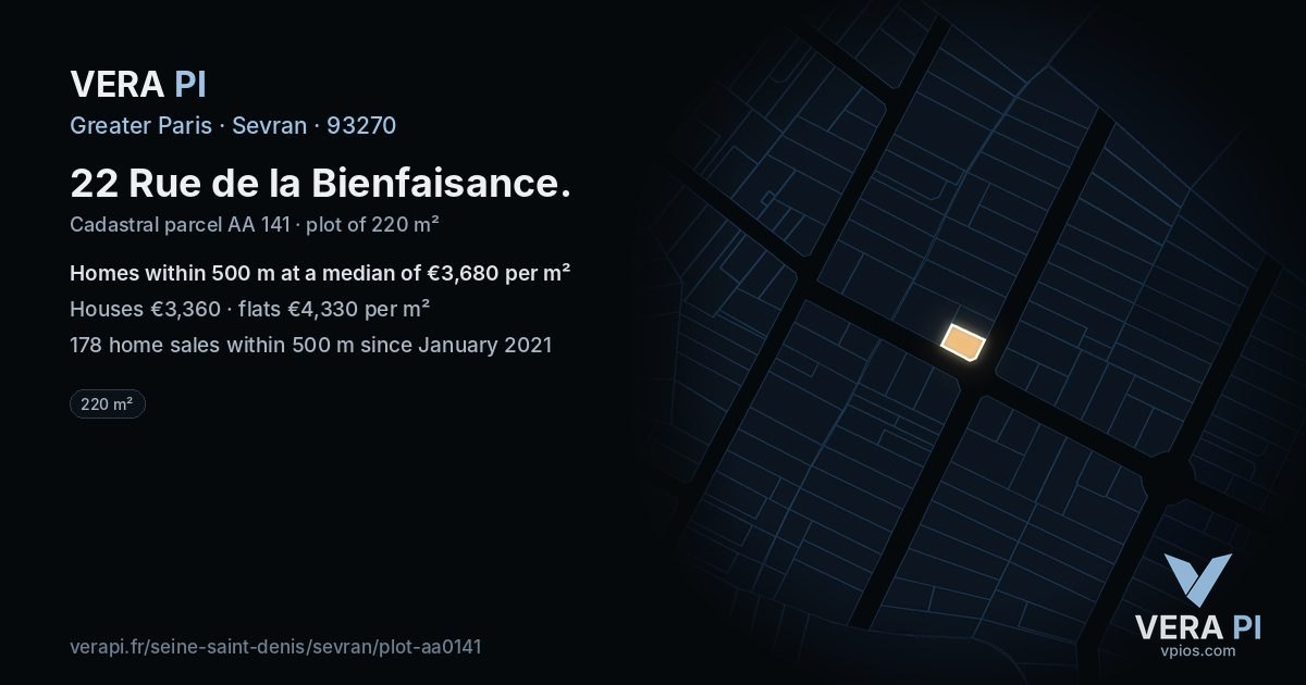 22 Rue de la Bienfaisance, Sevran at night – the plot lit, the parcels around coloured by the prices near them