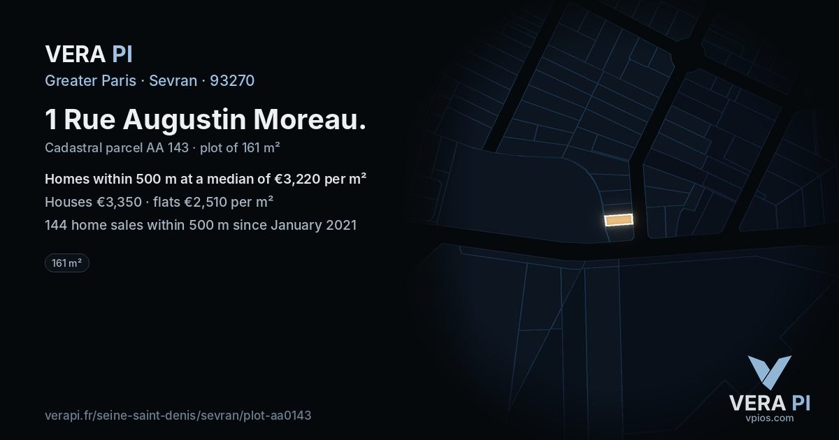 1 Rue Augustin Moreau, Sevran at night – the plot lit, the parcels around coloured by the prices near them