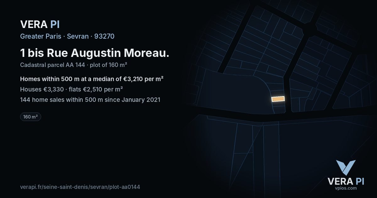 1 bis Rue Augustin Moreau, Sevran at night – the plot lit, the parcels around coloured by the prices near them