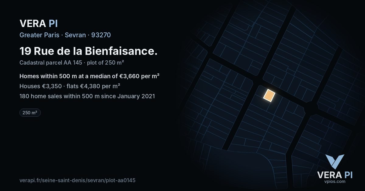 19 Rue de la Bienfaisance, Sevran at night – the plot lit, the parcels around coloured by the prices near them