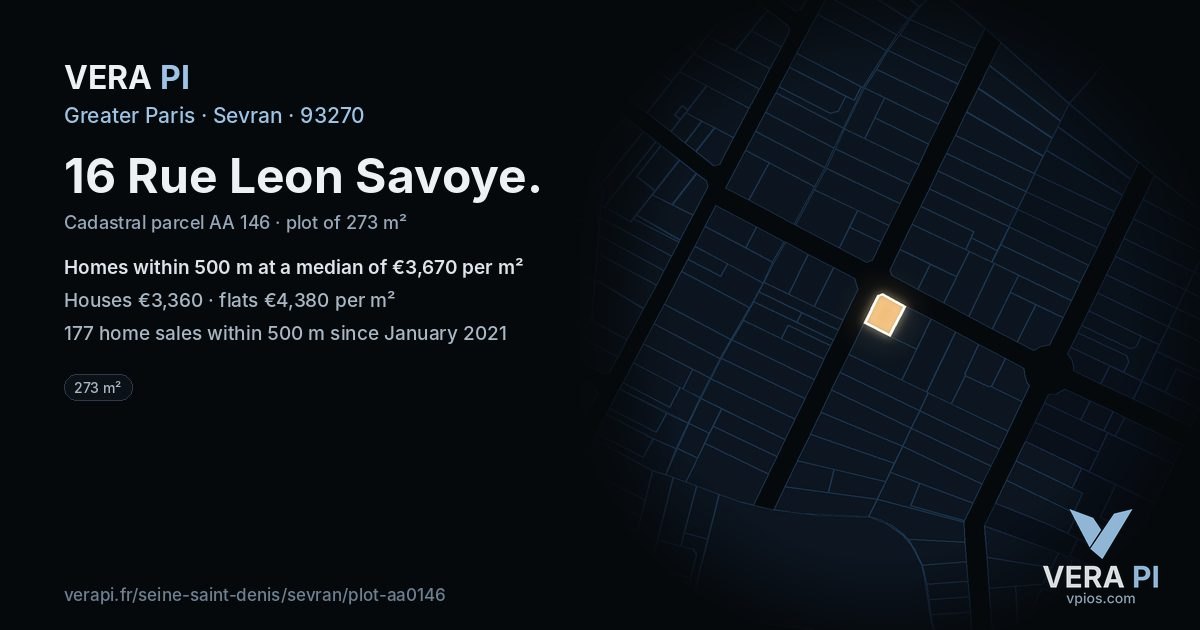 16 Rue Leon Savoye, Sevran at night – the plot lit, the parcels around coloured by the prices near them