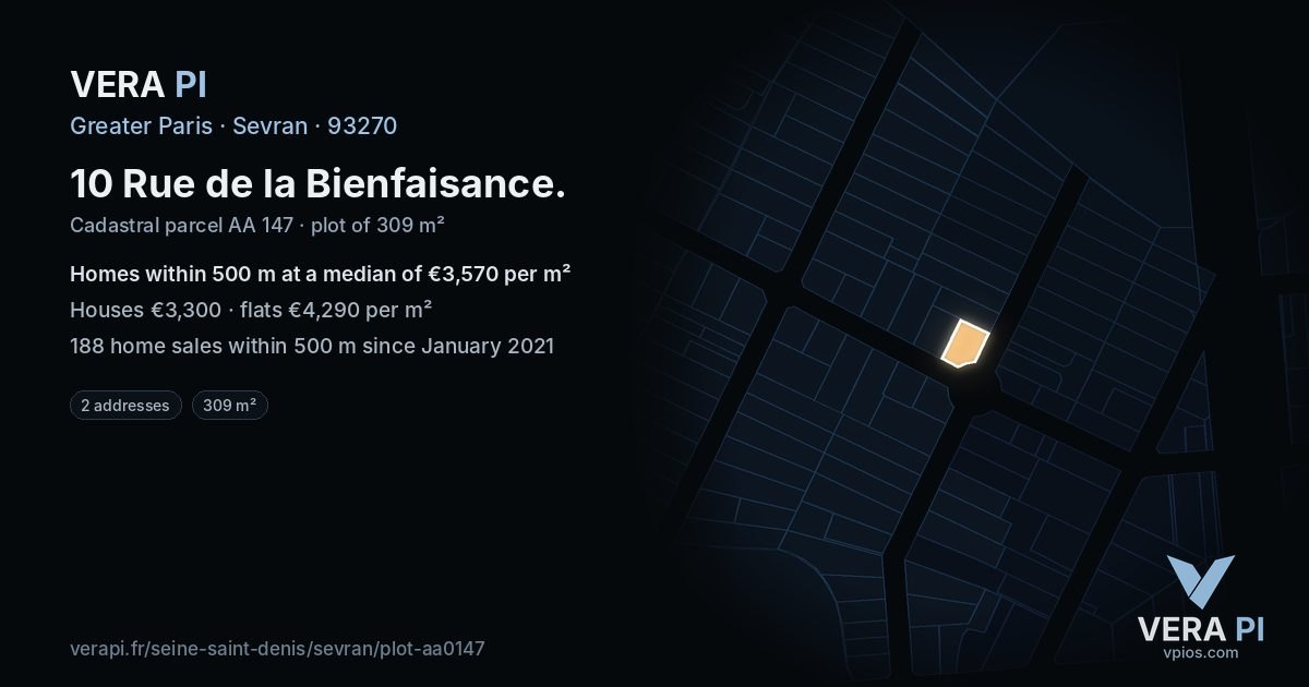 10 Rue de la Bienfaisance, Sevran at night – the plot lit, the parcels around coloured by the prices near them
