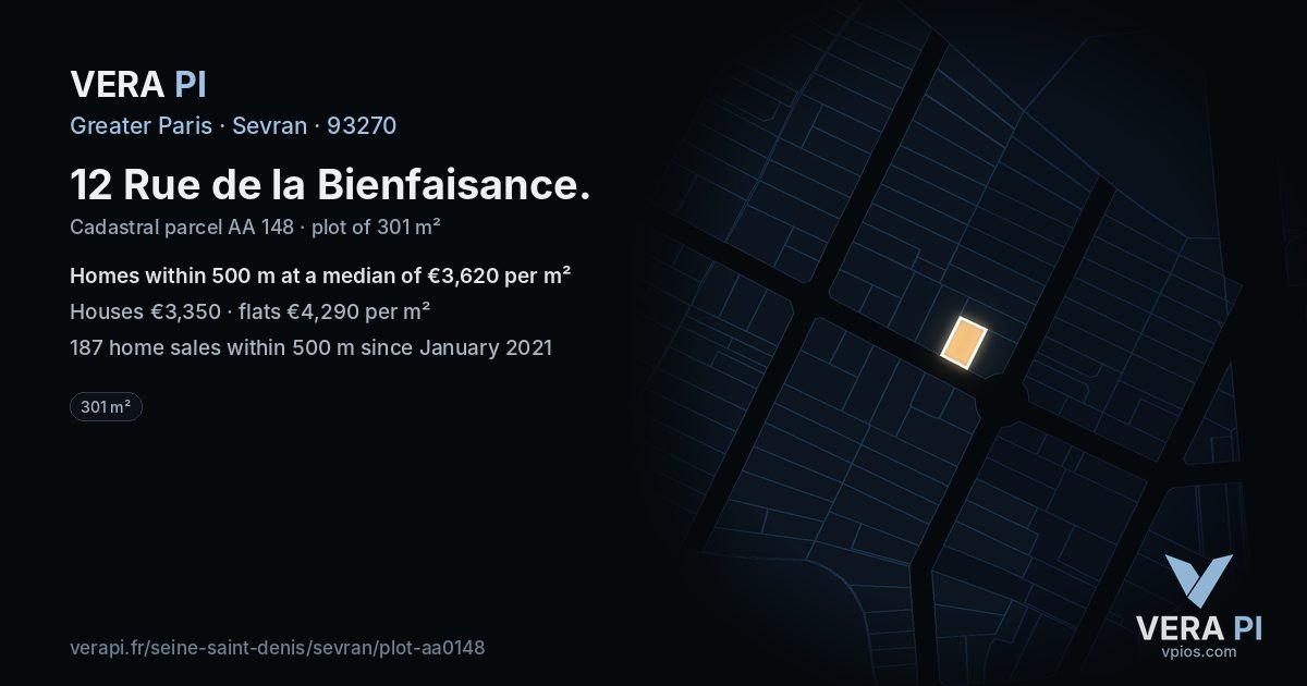 12 Rue de la Bienfaisance, Sevran at night – the plot lit, the parcels around coloured by the prices near them