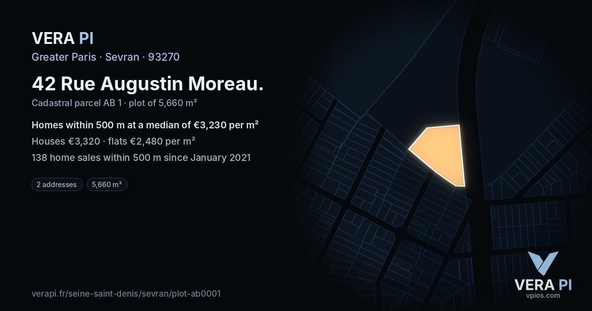 42 Rue Augustin Moreau, Sevran at night – the plot lit, the parcels around coloured by the prices near them