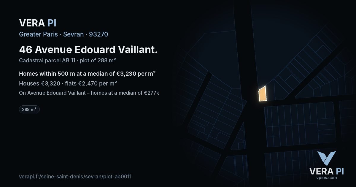 46 Avenue Edouard Vaillant, Sevran at night – the plot lit, the parcels around coloured by the prices near them