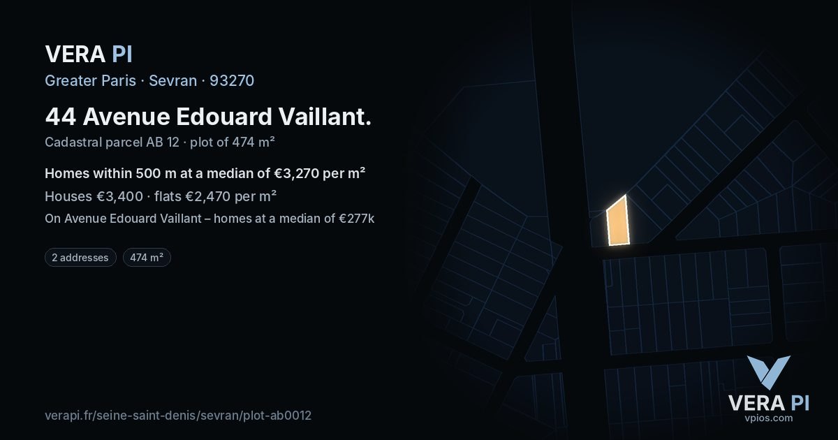 44 Avenue Edouard Vaillant, Sevran at night – the plot lit, the parcels around coloured by the prices near them