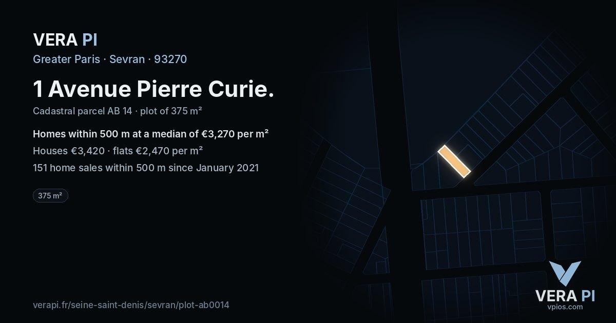 1 Avenue Pierre Curie, Sevran at night – the plot lit, the parcels around coloured by the prices near them