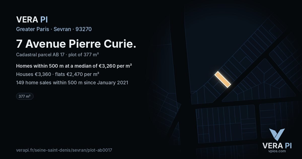 7 Avenue Pierre Curie, Sevran at night – the plot lit, the parcels around coloured by the prices near them