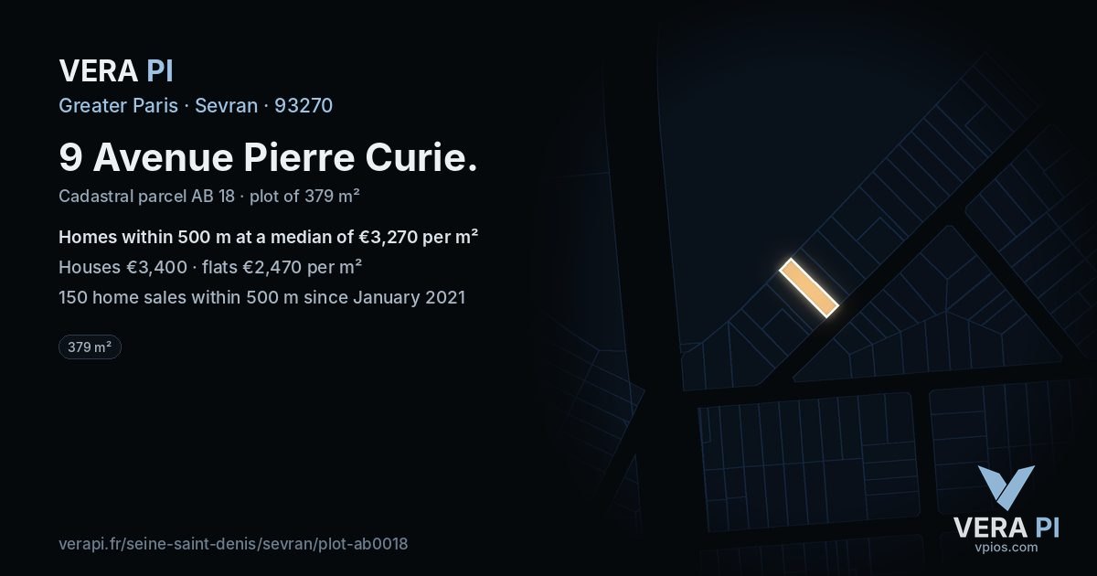 9 Avenue Pierre Curie, Sevran at night – the plot lit, the parcels around coloured by the prices near them