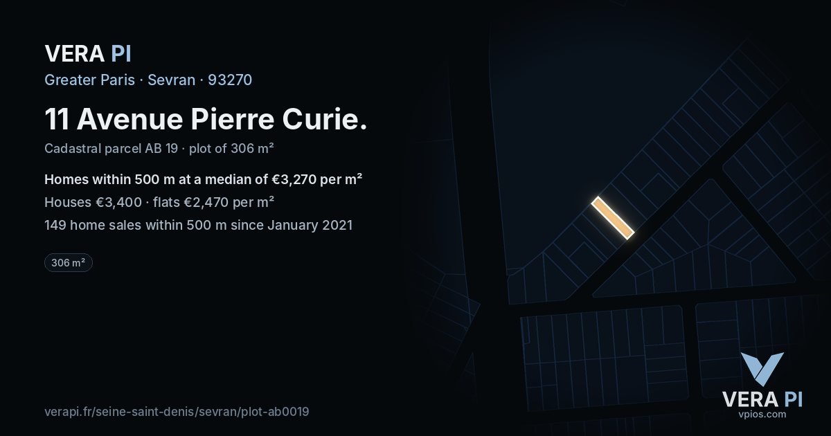 11 Avenue Pierre Curie, Sevran at night – the plot lit, the parcels around coloured by the prices near them