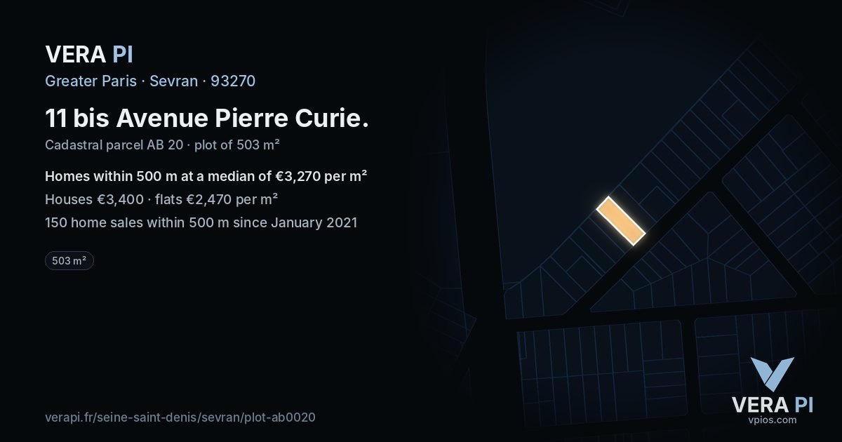 11 bis Avenue Pierre Curie, Sevran at night – the plot lit, the parcels around coloured by the prices near them