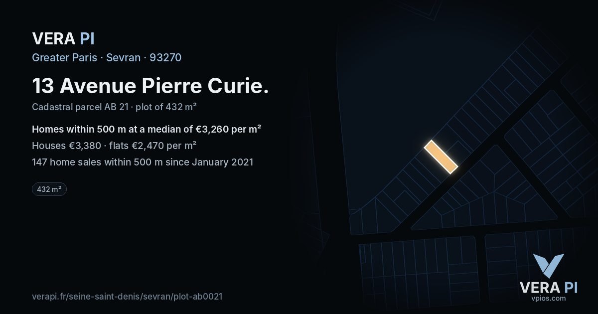 13 Avenue Pierre Curie, Sevran at night – the plot lit, the parcels around coloured by the prices near them