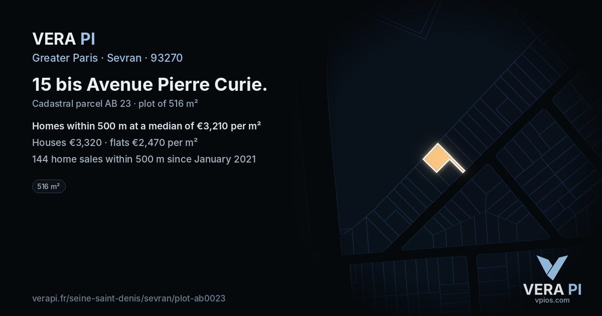 15 bis Avenue Pierre Curie, Sevran at night – the plot lit, the parcels around coloured by the prices near them